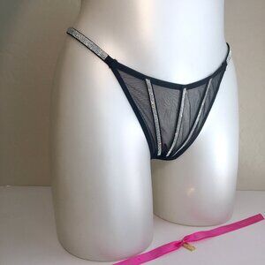 VS Shine Strap Triple Stripe Black Mesh Rhinestone Bling Thong M NWT